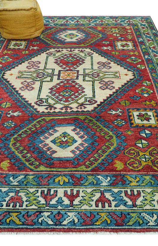 Traditional Kazak Red And Ivory 8x10 Hand Knotted Wool Ideal for Living, Bedroom And Dining Rooms