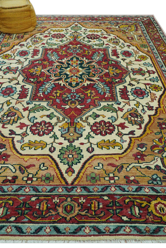 Custom Made Traditional Heriz Design Rust And Ivory Hand Knotted Wool Area Rug