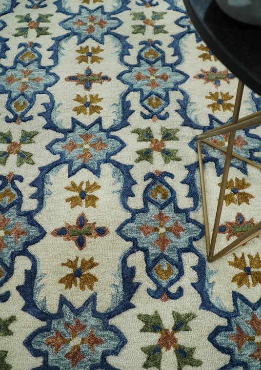 Custom Made Moroccan Trellis Ivory, Blue And Brown Hand Tufted Wool Area Rug