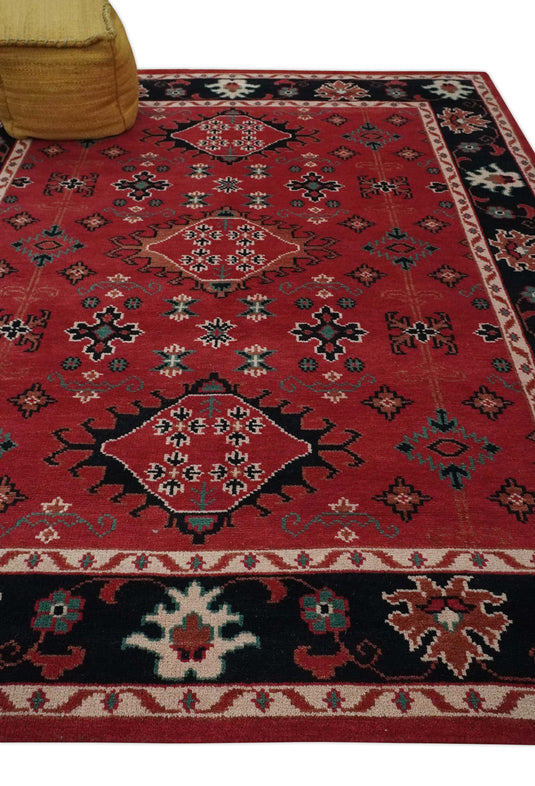 Custom Made Traditional Tribal Pattern Red and Black Hand Knotted wool Area Rug