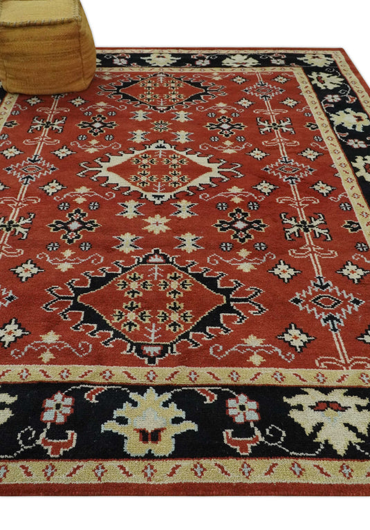 Traditional Pattern Red, Black, Light Beige And Ivory Hand Knotted 8x10 ft wool Area Rug