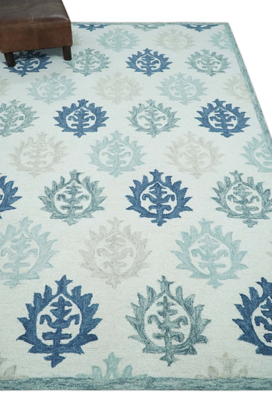 Custom Made Ivory, Blue, Teal And Beige Traditional Ikat Pattern Hand Tufted Wool Area Rug