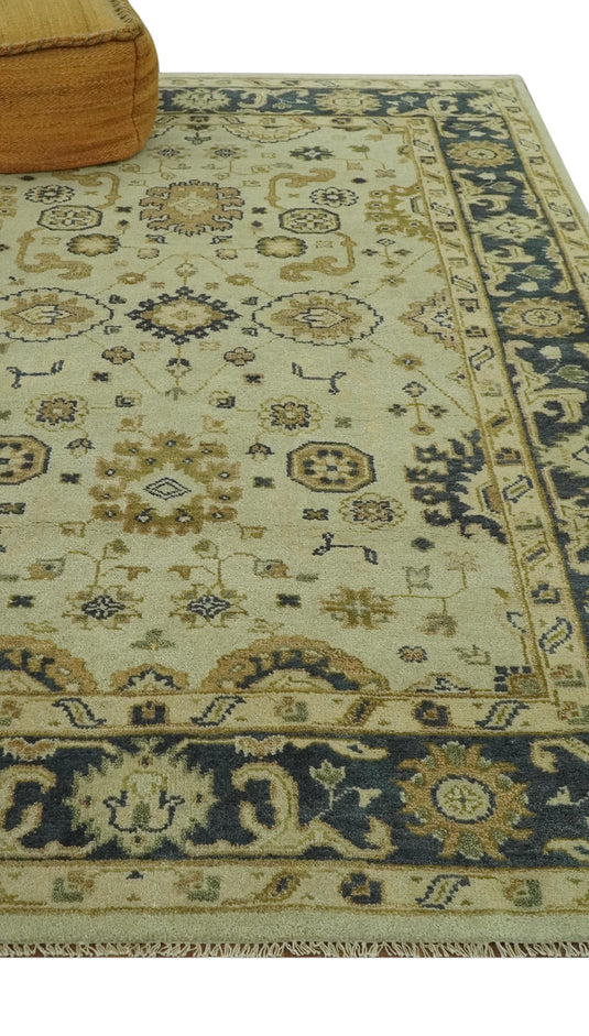 Custom Made Hand Knotted Cream, Beige And Charcoal Traditional Wool Area Rug