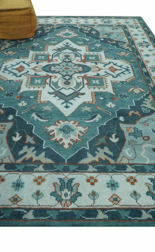 Traditional Pattern Blue, Teal And Rust Hand Knotted 8x10 ft wool Area Rug