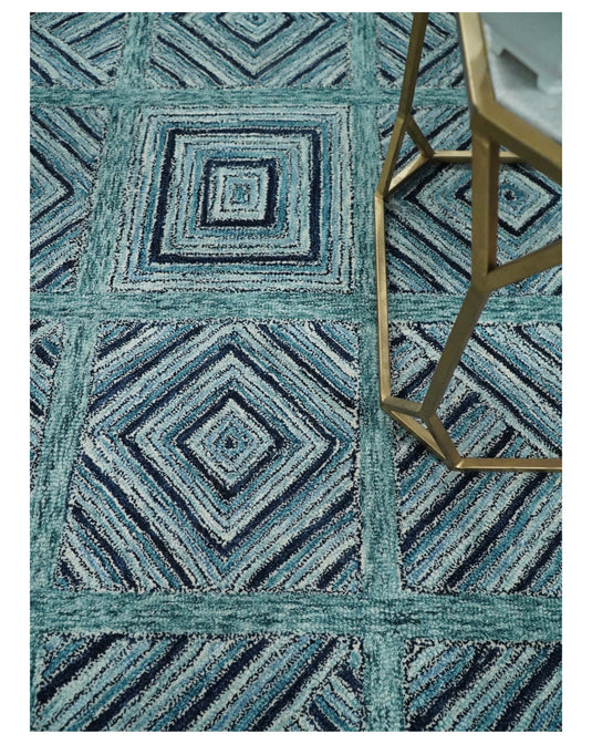 Custom Made Modern Geometric Teal, Charcoal And Ivory Hand Tufted Wool Area Rug