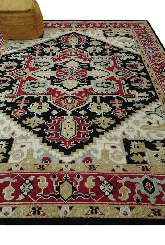 Custom Made Traditional Pattern Black, Beige, Ivory and Red Hand Knotted wool Area Rug