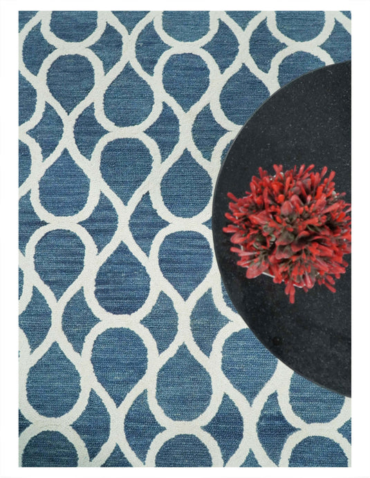 Custom Made Modern Trellis Pattern Blue And Ivory Hand Tufted Wool Area Rug