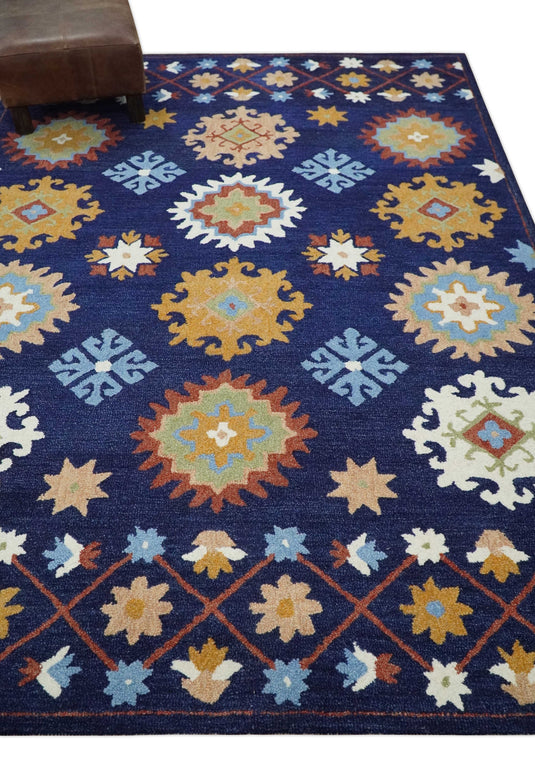 Custom Made Blue, Aqua, Maroon And Camel Hand Tufted  Wool Area Rug