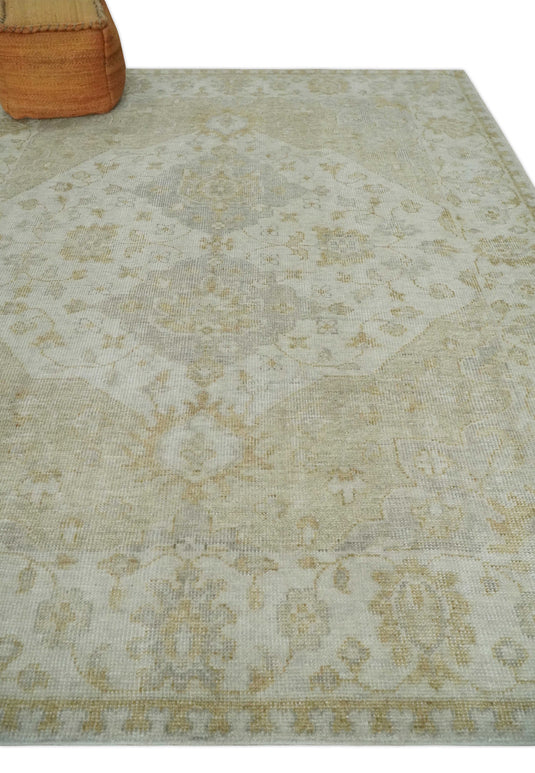 Custom Made Traditional Floral Pattern Ivory And Brown Hand Knotted Wool Area Rug