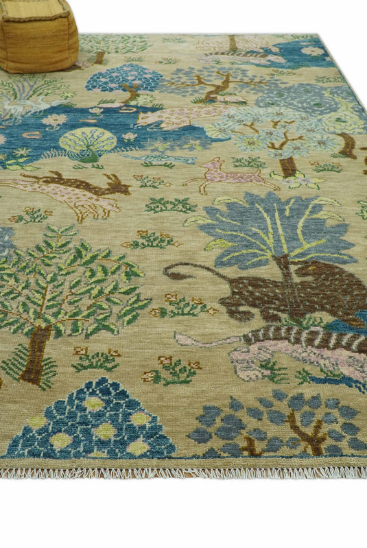 Custom Made Nature Vintage Style Beige And Blue Hand Knotted Wool Area Rug