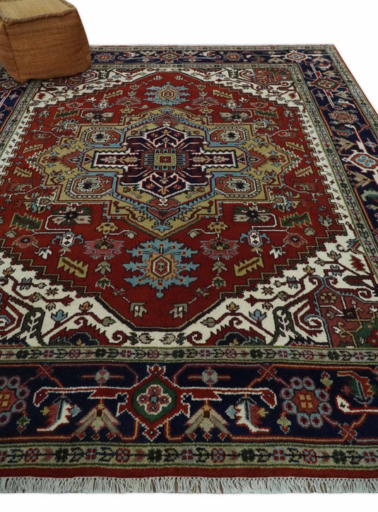 Hand Knotted Heriz Serapi Rug Rust and Blue Multi Size Ideal for Living, Bedroom, and Dining Rooms | CP1859