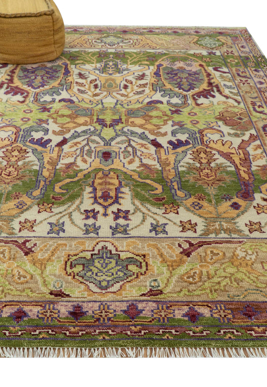 Custom Made Transition Hand Knotted Green, Gold And Ivory Wool Area Rug