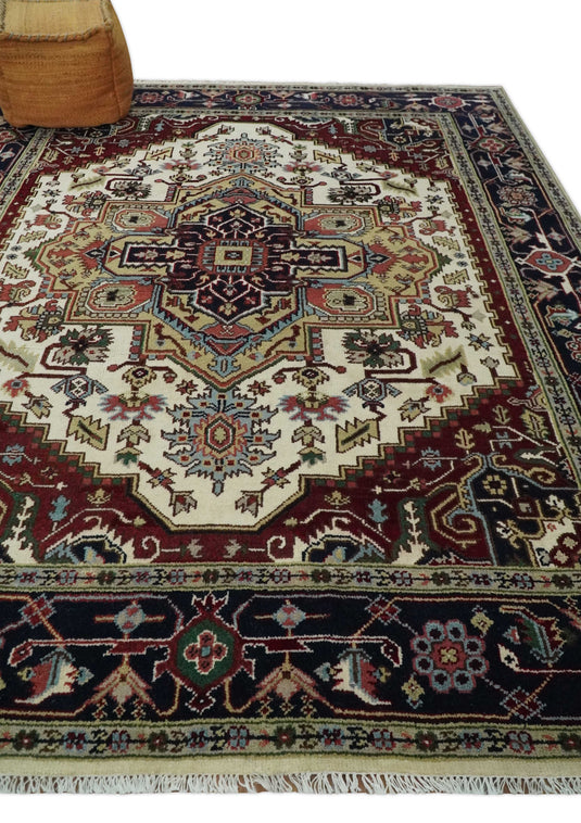 Hand Knotted Heriz Serapi Rug Ivory Red and Blue Multi Size Ideal for Living, Bedroom, and Dining Rooms | CP1858