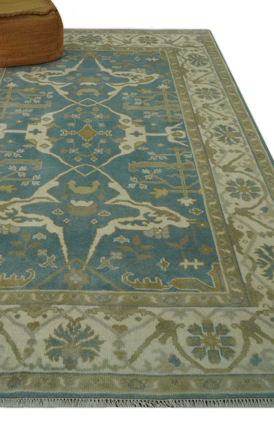 Custom Made Hand Knotted Ivory, Teal,Beige and Camel Oriental Oushak Rug Wool Area Rug