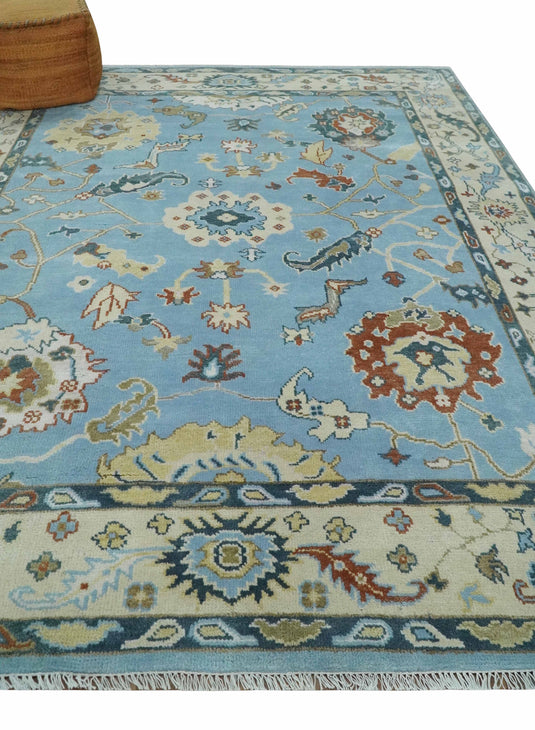 Hand Knotted Oriental Oushak Rug Blue and Beige 8x10 ft Ideal for Living, Bedroom, and Dining Rooms | CP1909810S