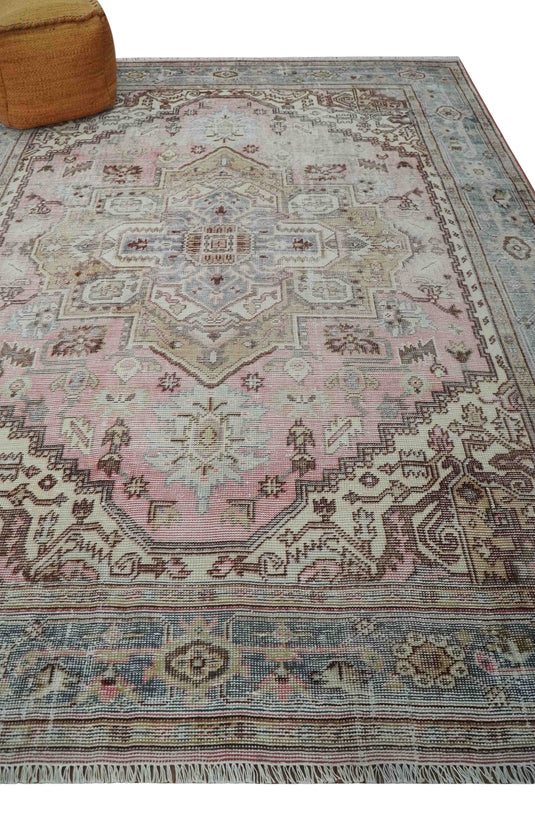 Beige, Peach and Silver Antique Finish Hand knotted Heriz Serapi 8X10 ft  wool Area Rug CP1815810S