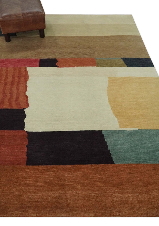 Modern Geometrical Pattern Hand Knotted Brown and Charcoal 5x6 ft Bedroom, Living Room Rug Wool Area Rug