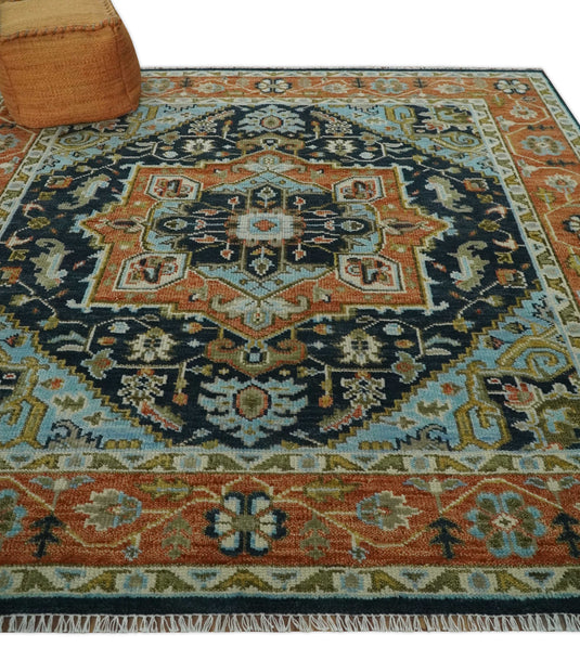 Hand Knotted Heriz Serapi Rug Rust and Blue Multi Size Ideal for Living, Bedroom, and Dining Rooms | CP1800