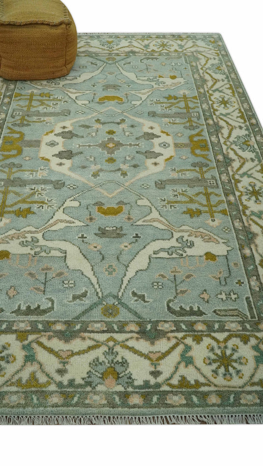 Custom Made Hand Knotted Oriental Oushak Aqua, Olive, Gray And Ivory Wool Area Rug