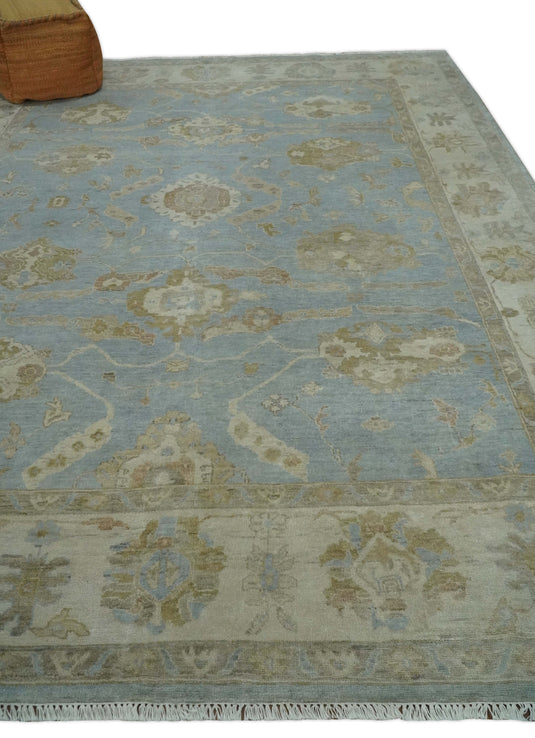 Traditional Oushak Hand Knotted Blue, Brown, Ivory and Olive 9x12 ft Bedroom, Living Room Rug ,wool Area Rug