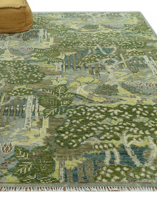 Custom Made Nature Theme Green And Gray Hand Knotted Wool Area Rug