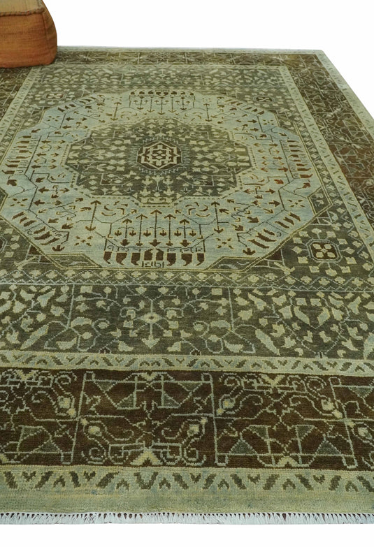 Hand Knotted Medallion Mamluk Rug Silver and Green 9x12 ft Ideal for Living, Bedroom, and Dining Rooms | CP1905912S