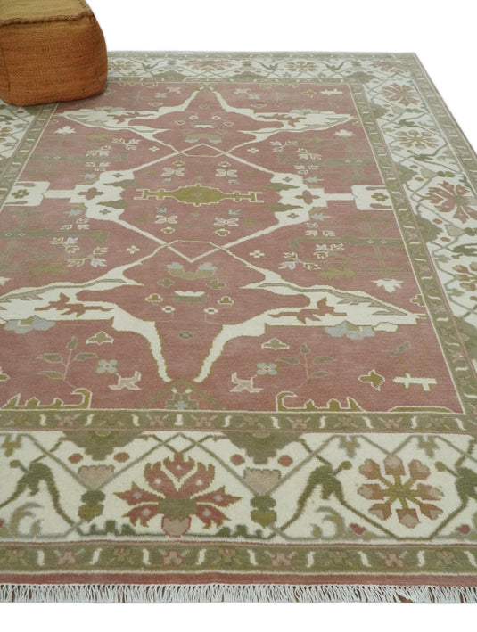 Hand Knotted Vintage Look Oriental Oushak Peach, Ivory and Olive Multi Size Ideal for Living, Bedroom, and Dining Rooms |CP1774