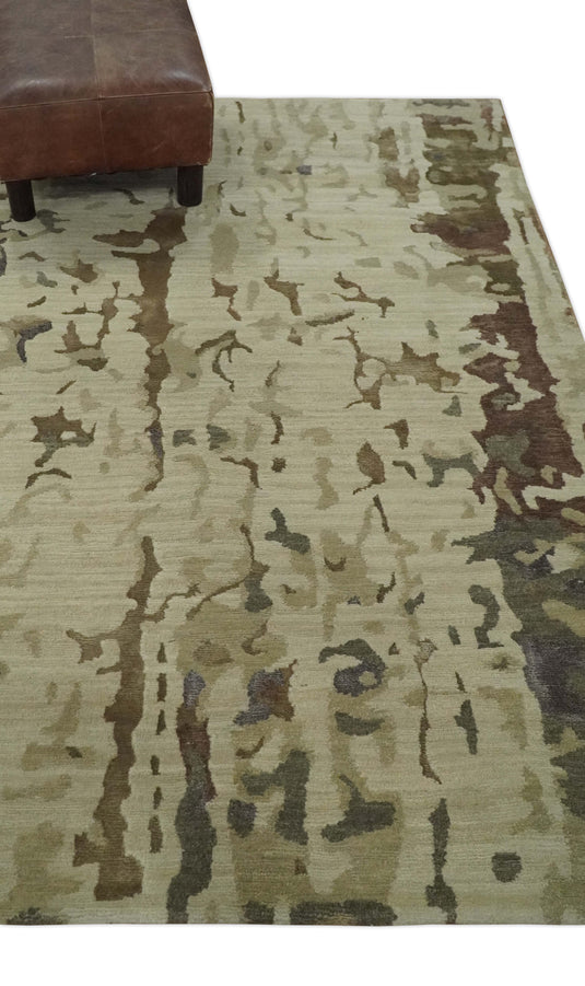 Abstract Design Hand Knotted Ivory and Brown Color 4x6 ft Bedroom, Living Room Rug Wool and Art Silk Area Rug