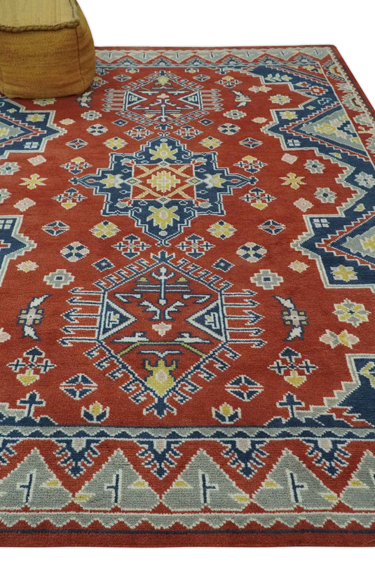 Tribal Pattern Rust, Blue and Silver Hand Knotted 8x10 ft wool Area Rug