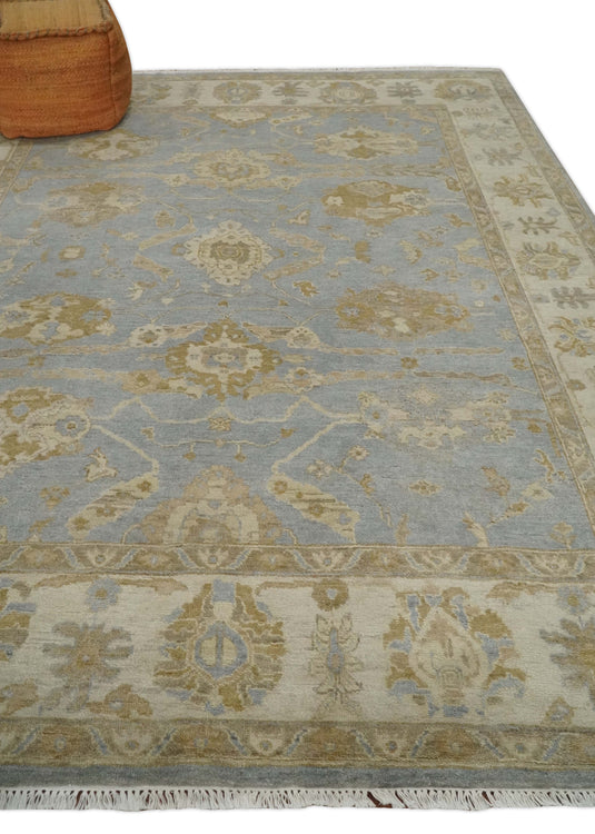 Hand Knotted Traditional Oushak Blue, Beige and Ivory 8x10 ft Bedroom, Living Room Rug ,wool Area Rug