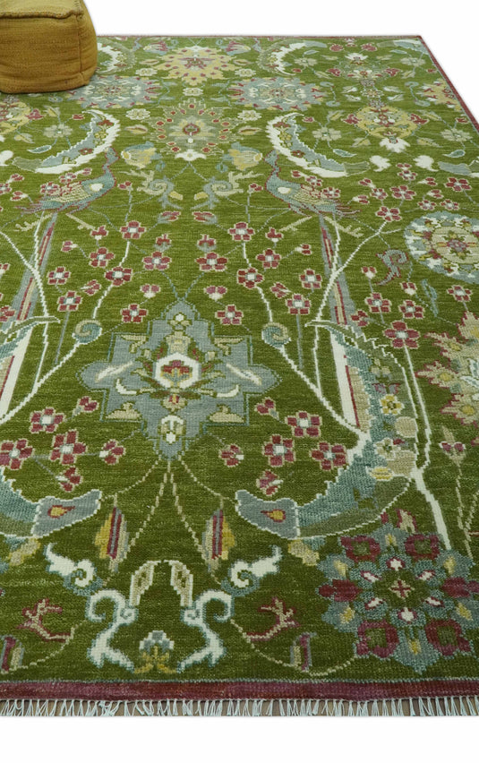 Custom Made Hand Knotted Green Peacock Motifs Wool Area Rug