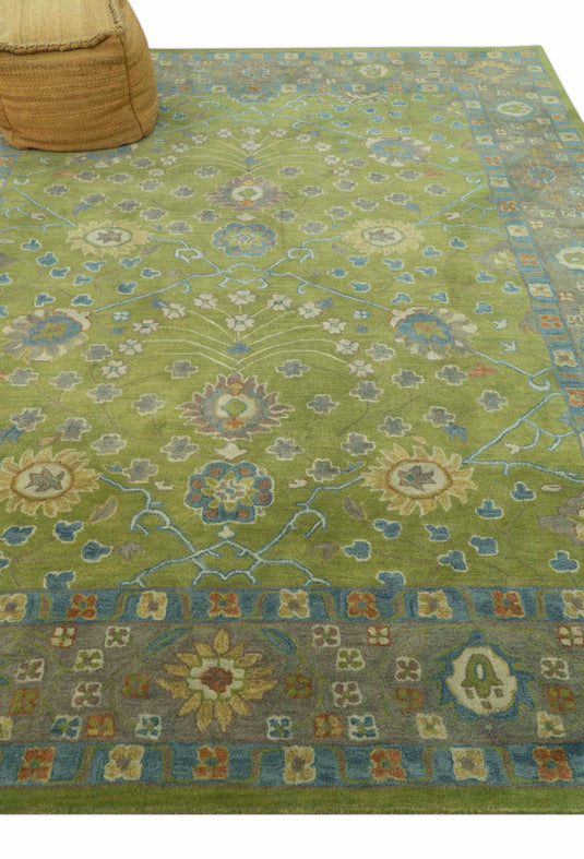 Custom Made Traditional Floral Green And Blue Hand Tufted Wool Area Rug