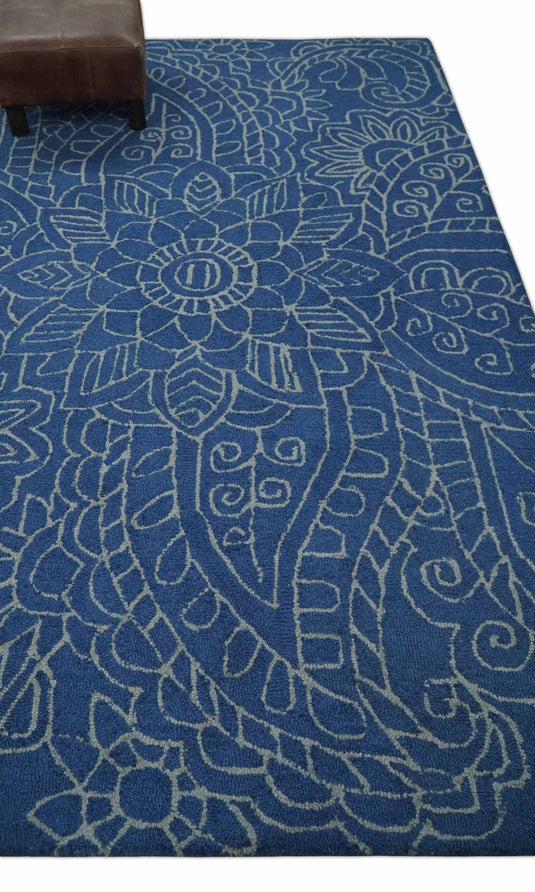 Custom Made Floral Pattern Blue And Gray Hand Tufted  Wool Area Rug