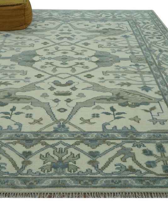Ivory And Gray Oriental Oushak Hand Knotted Wool Rug 8x10 ft Ideal for Living, Bedroom And Dining Rooms