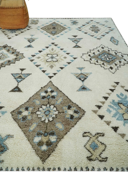 Moroccan Hand Woven Ivory, Brown and Blue 8x10 ft Bedroom, Living Room Rug, Wool Area Rug