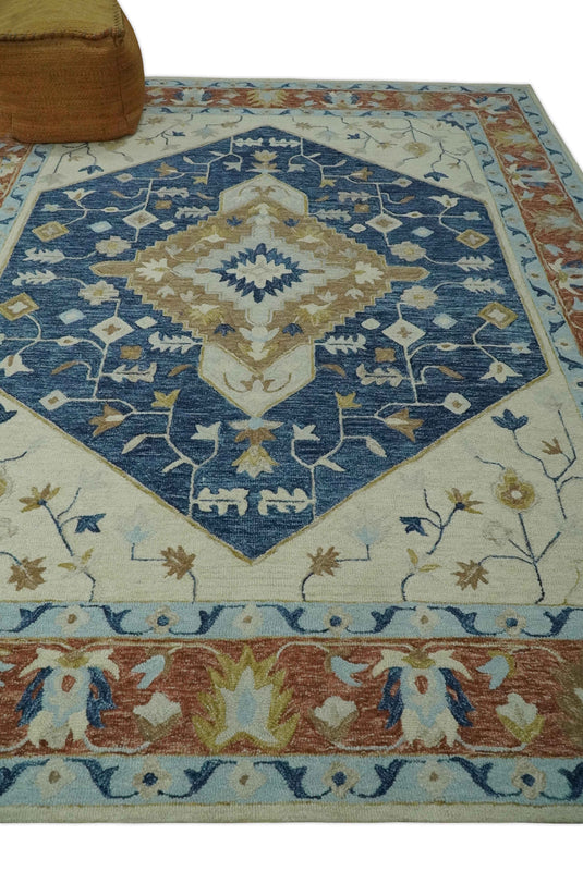 Custom Made Traditional Floral Blue, Silver, Ivory And Rust Hand Tufted wool Area Rug