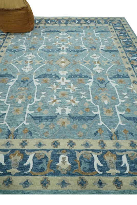 Custom Made Oriental Blue, Beige, Brown And Ivory Hand Tufted Wool Area Rug