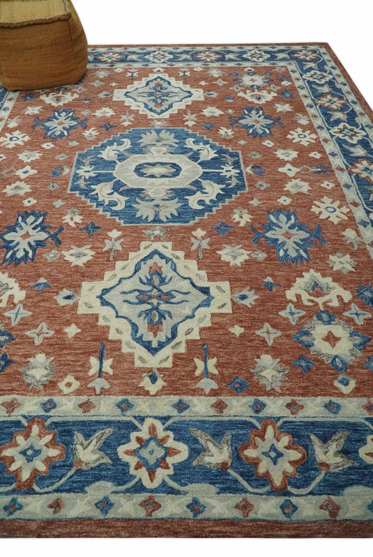 Custom Made Traditional Motifs Rust, Blue, And Ivory Hand Tufted Wool Area Rug