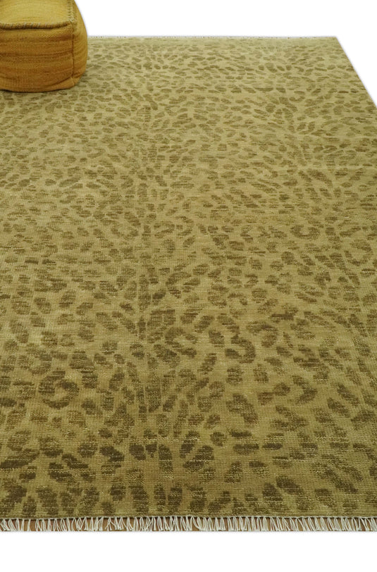 Hand Knotted Olive Green And Khaki Leopard Print Design Wool Rug 8x10 ft Ideal for Living, Bedroom And Dining Rooms | CP2530810