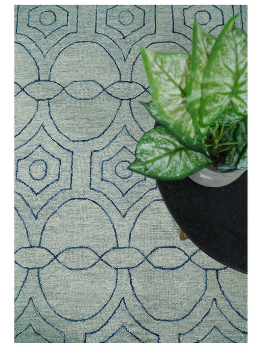 Custom Made Modern Geometrical Pattern Gray And Blue Hand Tufted Wool Area Rug