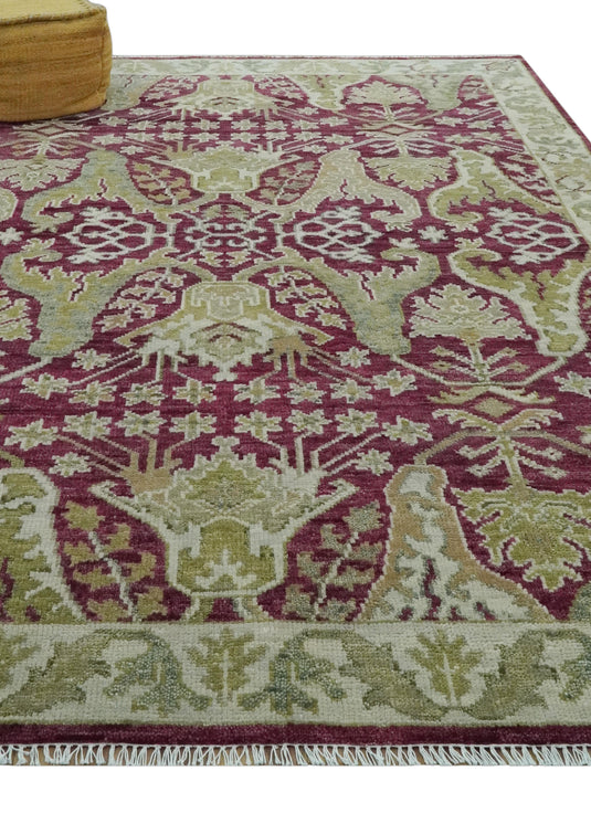 Custom Made Hand Knotted Antique Deep Maroon, Olive And Ivory Wool Area Rug