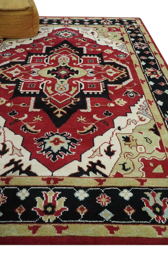 Custom Made Traditional Pattern Traditional Pattern Red, Black, Ivory And Beige Hand Knotted Wool Area Rug