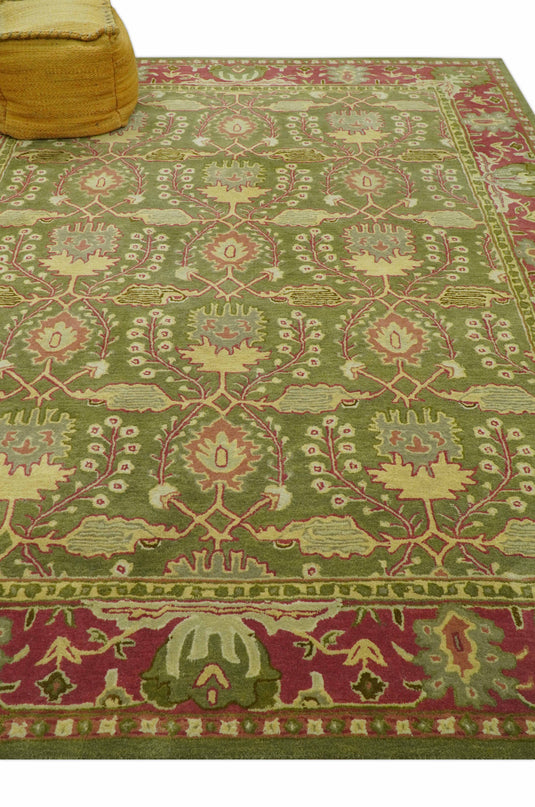 Traditional Floral Green And Gold Hand Tufted 8x10 ft Bedroom, Living Room Rug Wool Area Rug