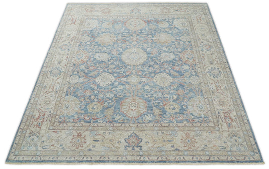 Blue And Beige Vintage Traditional Handknotted Persian Rug Made with Wool | Oxidised,DIstressed low Pile Vintage Rug, Living Room Rug