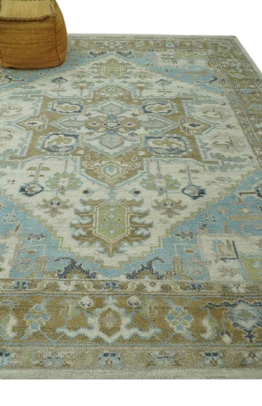 Traditional Pattern Light Blue, Beige and Ivory Hand Knotted 8x10 ft wool Area Rug