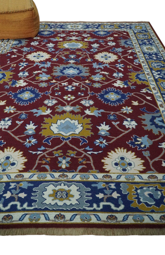 Traditional Oriental Oushak Hand knotted Maroon and Blue 8x10 ft Bedroom, Living Room Rug ,wool Area Rug