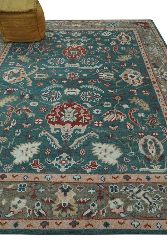 Custom Made Traditional Oushak green, Rust and Brown Hand Knotted wool Area Rug