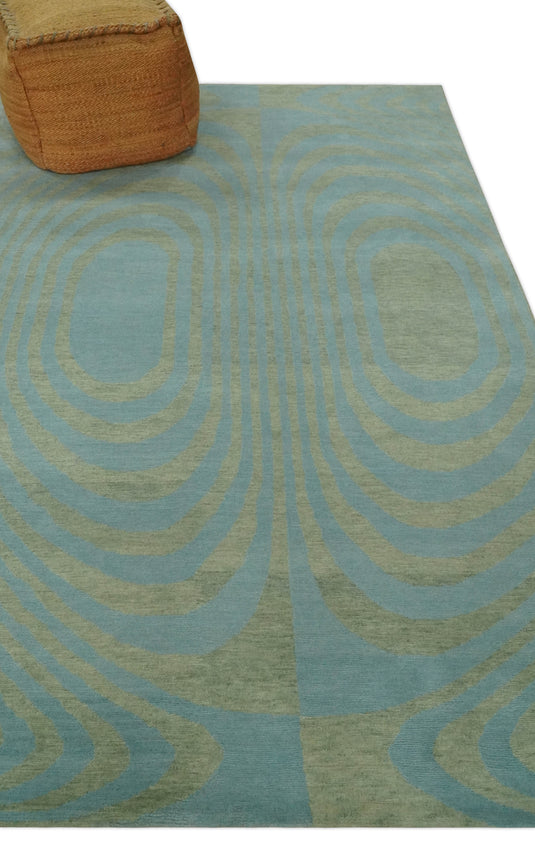 Modern geometrical Hand Knotted Olive and Blue 5x8 ft Bedroom, Living Room Rug Wool Area Rug