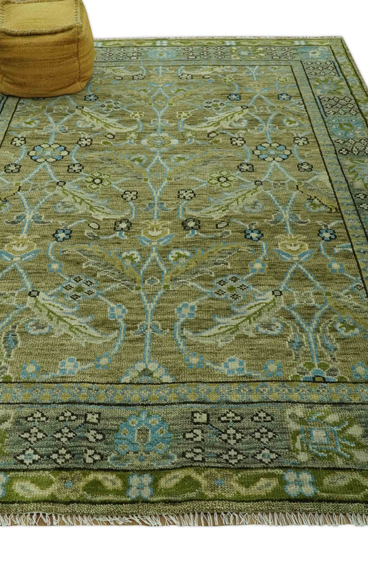 Custom Made Hand Knotted Green, Grey And Blue Traditional Floral Wool Area Rug