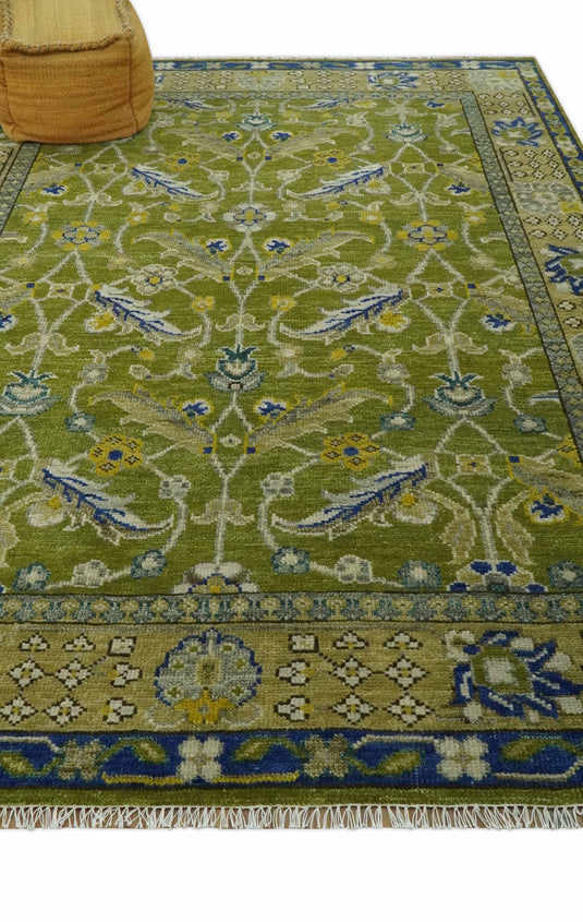 Custom Made Green And Blue Hand Knotted Traditional Floral Wool Area Rug